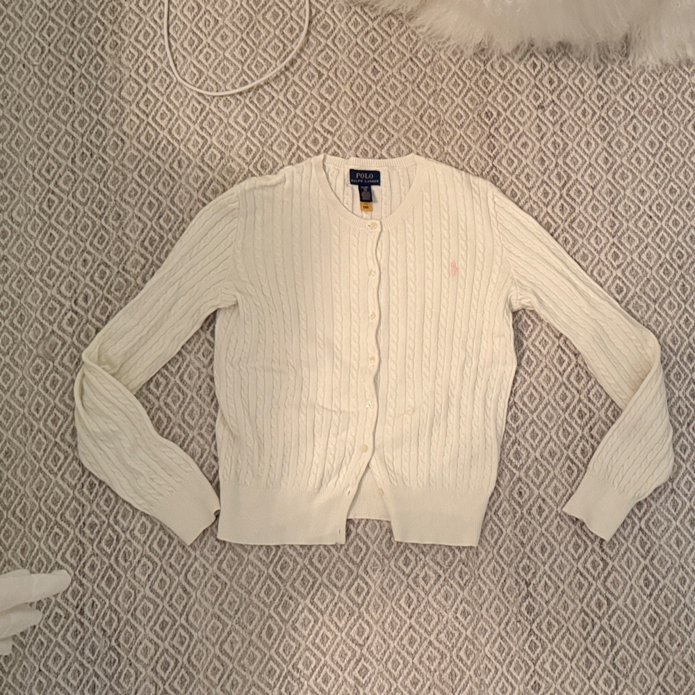 Ralph Lauren Ivory Cable Knit Sweater pink horse